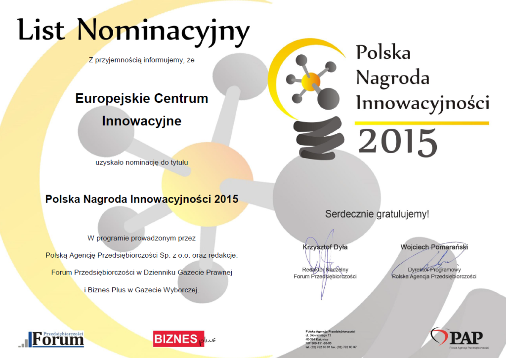 List Nominacyjny Europejskie Centrum Innowacyjne polska nagroda innowacyjności 2015