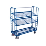 Wózki półkowe skośne z 3 półkami z siatki (2 skośne) - RAL 5010 niebieski