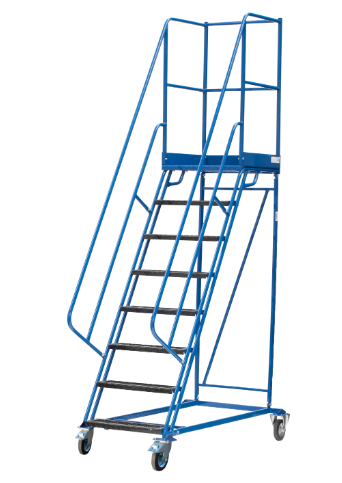 do pobierania i układania wyrobów na regałach pełne bezpieczeństwo użytkowania nośność 150 kg kąt nachylenia 60° wykonane z rur cienkościennych stalowych szerokie schody i duży podest zapewniają swobodę wejścia i pracy na drabinie