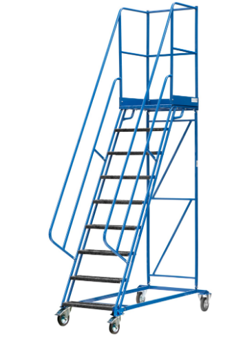 do pobierania i układania wyrobów na regałach pełne bezpieczeństwo użytkowania nośność 150 kg kąt nachylenia 60° wykonane z rur cienkościennych stalowych szerokie schody i duży podest zapewniają swobodę wejścia i pracy na drabinie