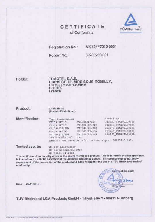 Certyfikacja wciągników VOLT TRAC